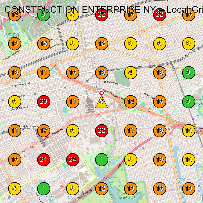 CONSTRUCTION ENTERPRISE NY Concrete Contractor GeoGrid ranking map for Queens NY